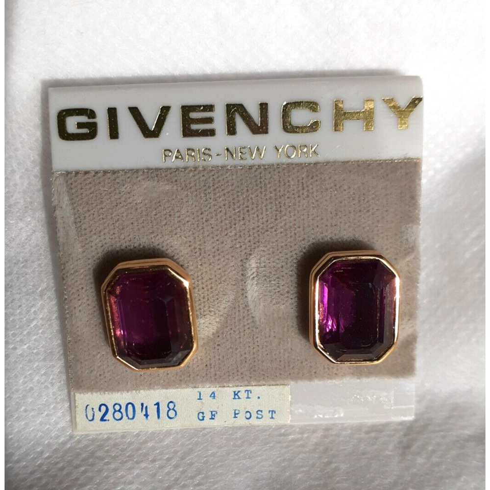 GIVENCHY Vintage Faux Amethyst Gold Tone Earrings Jewelry 14 KT GF Posts NWT